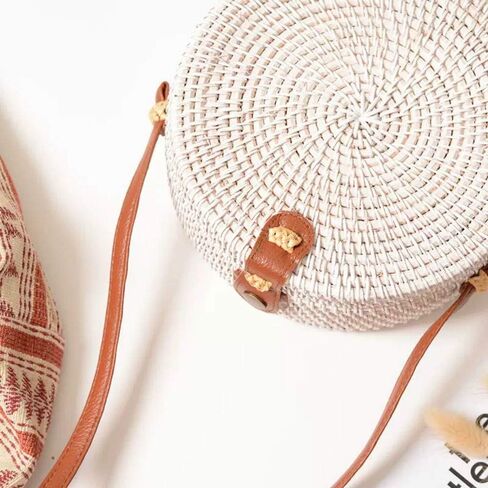 Handwoven Round Rattan Straw Bag for Women Shoulder Leather Button Straps Natural Chic Handmade Boho Bag Bali Purse in Kuwait