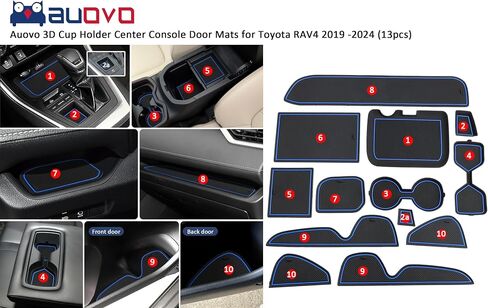 Auovo حامل أكواب ثلاثي الأبعاد بطانات إدراج متوافقة مع ملحقات Toyota RAV4 2025 2024 2023 2022 2021 2020 2019 سجادات مضادة للغبار مخصصة لوحدة التحكم المركزية وجيب للباب مجموعة 13 قطعة (زخرفة زرقاء) in Kuwait
