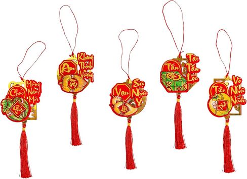 5 قطع من زخارف السنة الفيتنامية الجديدة على شكل عقدة من الحلي المعلقة الحمراء - ديكورات TET 2025 - ديكورات المنزل/المكتب للعام القمري الجديد - Do Trang Tri TET - TET تحيات ورغبات هادفة in Kuwait