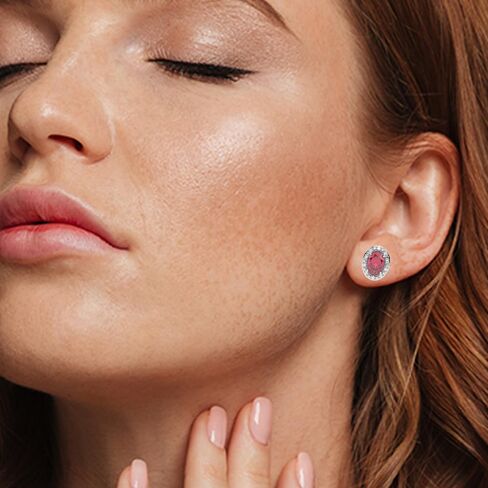 10K White Gold Oval Gemstone and Natural Round Diamonds Stud Earrings for Women - Hypoallergenic Trendy Ladies Earrings for Women - Jewelry Gifts for Wife in Saudi Arabia
