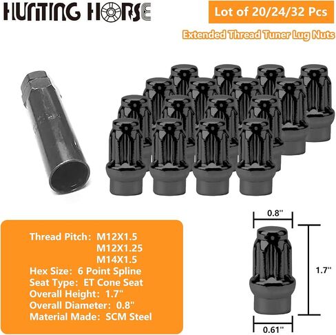 24 Pc 14mmx1.5 ET 1.7" Tall Closed End Acorn Seat Lug Nuts with 6 Spline Socket Key, Black in Kuwait