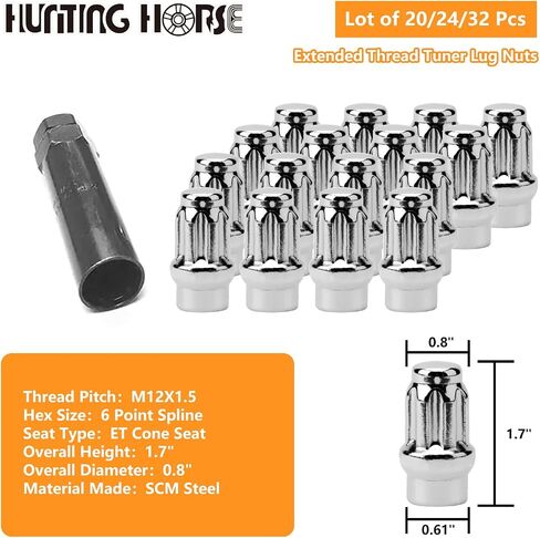24 Pc 14mmx1.5 ET 1.7" Tall Closed End Acorn Seat Lug Nuts with 6 Spline Socket Key, Black in Kuwait