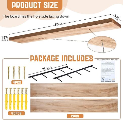 2 Pcs 60 Inch Long Floating Wood Shelves Set Wall Mounted Rustic Wood Floating Shelves Floating Shelf Functional Hanging Shelf Wooden Shelve for Wall Bedroom Living Room Kitchen in Saudi Arabia