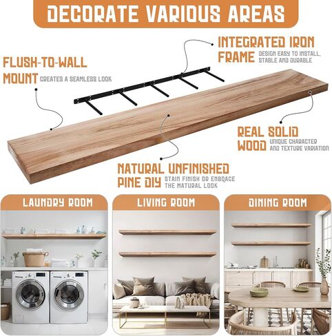 2 Pcs 60 Inch Long Floating Wood Shelves Set Wall Mounted Rustic Wood Floating Shelves Floating Shelf Functional Hanging Shelf Wooden Shelve for Wall Bedroom Living Room Kitchen in Saudi Arabia