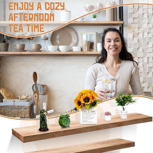 2 Pcs 60 Inch Long Floating Wood Shelves Set Wall Mounted Rustic Wood Floating Shelves Floating Shelf Functional Hanging Shelf Wooden Shelve for Wall Bedroom Living Room Kitchen in Saudi Arabia