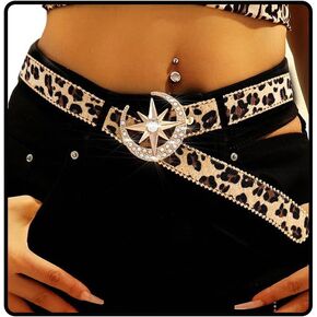 Ursumy Women Leather Belt Leopard Print Belt Rhinestone Belt Adjustable Vintage Belt Fashion Cowboy belts for Jeans Dress