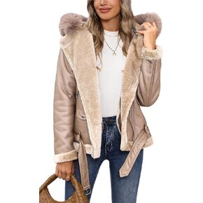Bellivera Women Faux Suede Leather Jacket Moto Biker Coat Sherpa-Lined Outerwear with Detachable Belt