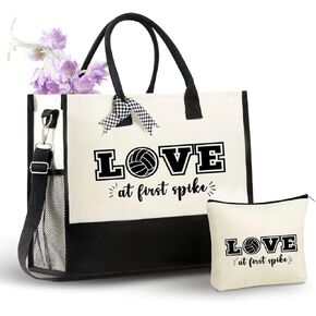 InnoBeta Volleyball Gifts Canvas Tote Bag for Teens Girls, Volleyball Bag with Top Zipper Closure for Volleyball Lovers, Team, Players on Senior Night, Birthday, Mother's Day, Christmas-Love