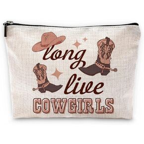 Sufamb Long Live Cowgirls Retro Western Boots Hat Makeup Bag,Beige Preppy Cosmetic Pouch,Christmas Birthday Gifts for Teen Girls Best Friends,Cowgirl Gifts for Girls
