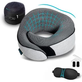 Orthopedic Neck Pillow, Travel Neck Pillows for Airplanes, Memory Foam Kit, 360° Head Support, Airplane Pillow Set with 3D Contoured Eye Masks, Earplugs, and Luxury Mesh Bag (Black)