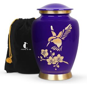 Items & Co Urns for Human Ashes - Adult Female | Large Burial Urn | Decorative Hummingbird Urns | Funeral Urns | Cremation Urns for Women and Men | Velvet Bag - Screw Lid, 10.5" x 7", Up to 200lbs