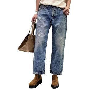 Flamingals Straight Leg Wide Leg High Rise Baggy Ripped Roll Hem Denim Jeans Without Belt