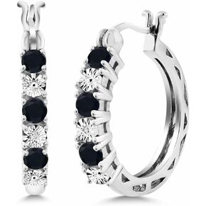 Gem Stone King 925 Sterling Silver Round Black Onyx and White Lab Grown Diamond Hoop Earrings For Women (0.61 Cttw, Gemstone Birthstone, Round 3MM)