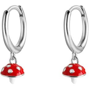 Cute Mushroom Dangle Drop Cartilage Small Huggie Hoop Earrings for Women Minimalist S925 Sterling Silver Charm Dangling Cuff Sleeper Hoops Dainty Hypoallergenic Jewelry Gifts for Daughter Her Birthday Valentines Day Xmas