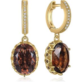 JewelryPalace Huge 7.2ct Oval Shape Natural Smoky Quartz Dangle Drop Earrings for Women, 14K Yellow Gold Plated 925 Sterling Silver Huggie Hoop Earrings, Natural Gemstone Jewelry Sets