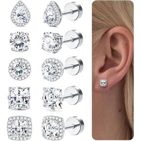 Kakonia 5 Pairs 20G 18G Flat Back Earrings Stud,Surgical Steel Cubic Zirconia Stud Earrings for Women Gold/Silver Square Teardrop CZ Halo Earrings With Flat Backs Faux Diamond Piercing Earrings Studs
