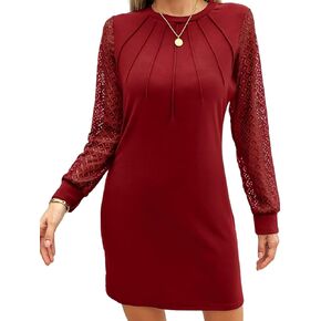 CiCiBird Women Casual Long Lace Sleeve Dress Work Crew Neck Mini Dresses Pleated Shift T Shirt Dress