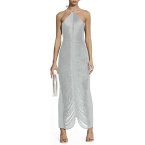 Women's Sexy Elegant Shiny Metallic Halter Midi Dress Sleeveless Backless Tassel Bodycon Party Club Cocktail Dresses