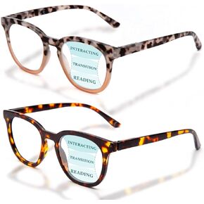 LianSan 2 Packs Progressive Multifocus Reading Glasses for Women - Ladies Near and Far Blue Light Blocking Computer Readers(Tortoise for 3ft,1.50x)