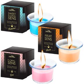 HOT Flowers Beeswax Body Scented Massage Candle Set - Low Heat Oil Warmer - Skin Safe Moisturize - Set of Three 0.7 oz Each - Romance Sweet Floral, Charm Fruit, Love Floral