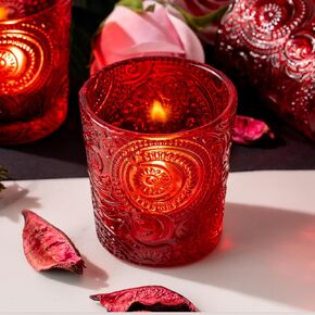 12 Pack Sun Moon Star Embossed Glass Tea Light Candle Holders - Votive Candle Holders for Wedding, Party, Home Decor, and Table Centerpieces (Ruby Red)