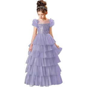 Sequin Flower Girl Dress for Wedding Ruffles Sleeves Pageant Dresses for Girls Layered Tulle Prom Dresses for Girls Lavender Lavender-6