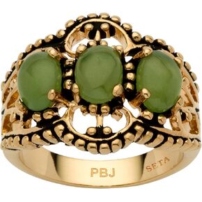 PalmBeach Yellow Gold-plated Antiqued Oval Shaped Genuine Green Jade 3-Stone Ring Sizes 5-10