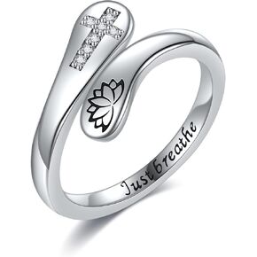 Just Breathe Ring Sterling Silver Lotus Cross Just Breathe Adjustable Open Ring Hope Rings Jewelry for Women
