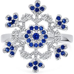 Winter Holiday Christmas Statement 2 Tone Blue Clear Cubic Zirconia Flower Cocktail Snowflake Spinner Ring For Women .925 Sterling Silver