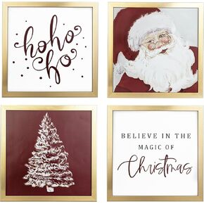 ArtbyHannah Framed Christmas Wall Art, Santa Claus Christmas Wall Decor, 4 Pack 10x10 Inch Christmas Pictures Wall Decor with Red White Wall Christmas Tree, Indoor Christmas Decorations for Home