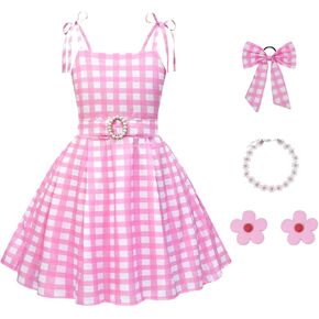Girls Pink & White Gingham Costume Dress with Accessories, 4-10Y