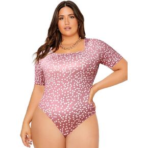 SOLY HUX Womens Plus Size Bodysuit Scoop Neck Short Sleeve T Shirts Skinny One Piece Bodysuit Summer Basic Tops