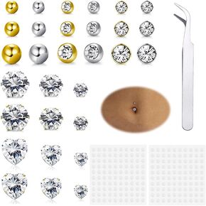 30 Pcs Fake Belly Button Piercing for Women Gold Silver Cubic Zirconia Faux Belly Ring Clip on Bellybutton Ring Fake Piercing Non Piercing False Belly Button Sticker