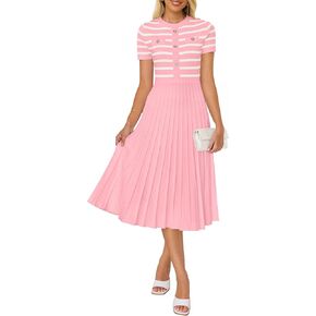 ZESICA Women's Casual Striped Midi Dress Crewneck Short Sleeve Button Ribbed Knit Swing Pleated A Line Dresses