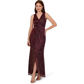 Adrianna Papell Women's Metallic Mesh Cascade Gown, Burgundy/Gold