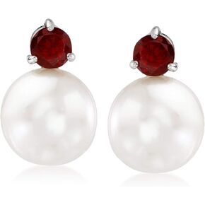 Ross-Simons 11-12mm Cultured Pearl and 1.00 ct. t.w. Garnet Earrings in Sterling Silver
