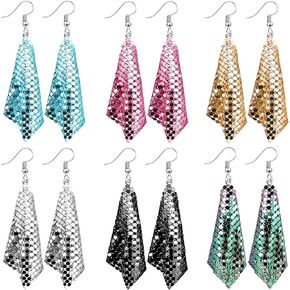6 Pairs Sequin Dangle Earrings Mesh Grid Tassel Drop Earrings Colorful Sequin Earrings for Women (Large, Simple Style)