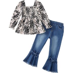 Kucnuzki Todder Kids Girls Clothes Long Sleeve Shirts Top Denim Bell Bottom Jeans 2 Piece Fall Winter Girl Outfits Set