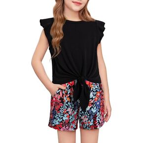 Girls Summer 2 Piece Outfits Cute Tie Knot T-Shirts and Printed Shorts Set with Side Pockets