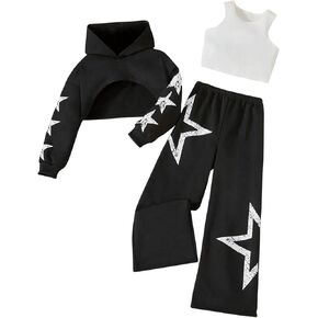 MakeMeChic Girl's 3 Piece Outfits Star Print Crop Hoodie Top and Wide Leg Long Pants Set with Tank