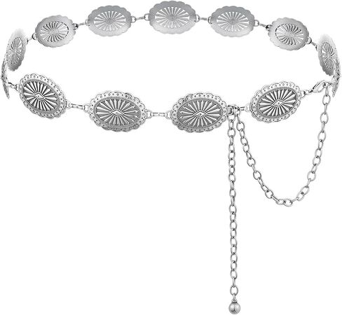 Western Concho Chain Belt for Women Boho Cowgirl Metal WaistChain with Turquoise (02-silver, Length 53" (36"+extended chain 17")) in Saudi Arabia