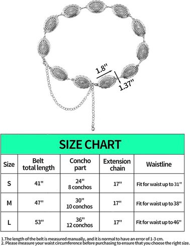 Western Concho Chain Belt for Women Boho Cowgirl Metal WaistChain with Turquoise (02-silver, Length 53" (36"+extended chain 17")) in Saudi Arabia