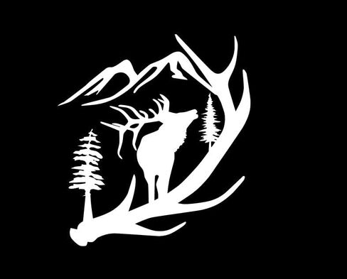 ملصق فينيل لصيد الغزلان من Thistle Brook Cottage Elk Mountain Antler في الهواء الطلق ملصق فينيل للسيارات والشاحنات وشاحنات الكمبيوتر المحمول باللون الأبيض 5.5H X 5W in Saudi Arabia