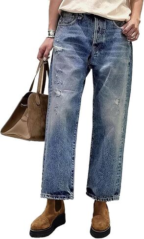 Flamingals Straight Leg Wide Leg High Rise Baggy Ripped Roll Hem Denim Jeans Without Belt in Saudi Arabia