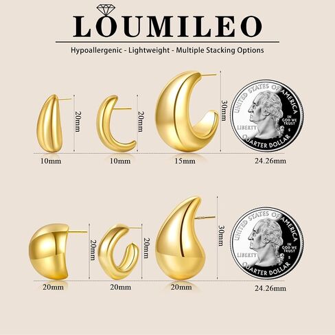 مجموعة LOUMILEO 6 أزواج من الأقراط الذهبية المكتنزة للنساء 14 قيراط مطلية بالذهب على شكل قطرة ماء أقراط خفيفة الوزن لا تسبب الحساسية للنساء عصرية in Saudi Arabia