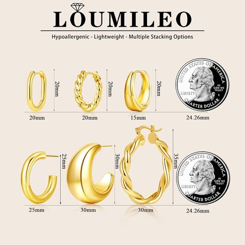 مجموعة LOUMILEO 6 أزواج من الأقراط الذهبية المكتنزة للنساء 14 قيراط مطلية بالذهب على شكل قطرة ماء أقراط خفيفة الوزن لا تسبب الحساسية للنساء عصرية in Saudi Arabia