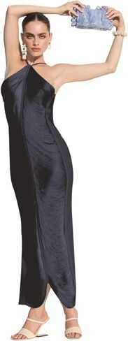 فستان نسائي مثير أنيق لامع بحمالات معدنية ميدي بدون أكمام بدون ظهر وشرابة وحفلات وحفلات الكوكتيل in Kuwait