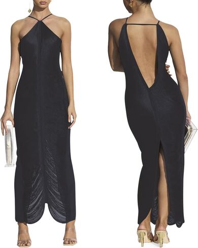 فستان نسائي مثير أنيق لامع بحمالات معدنية ميدي بدون أكمام بدون ظهر وشرابة وحفلات وحفلات الكوكتيل in Kuwait