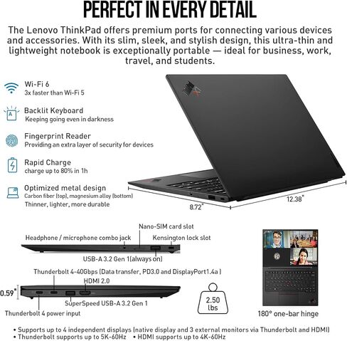 كمبيوتر محمول Lenovo Thinkpad X1 Carbon، كمبيوتر محمول للأعمال WUXGA مقاس 14 بوصة، كمبيوتر محمول Intel Core i7 رفيع وخفيف الوزن، ذاكرة وصول عشوائي 16 جيجابايت و1 تيرابايت SSD، Windows 11 Pro Office مدى الحياة، لوحة أرقام ذات 10 مفاتيح بإضاءة خلفية Thunder in Saudi Arabia