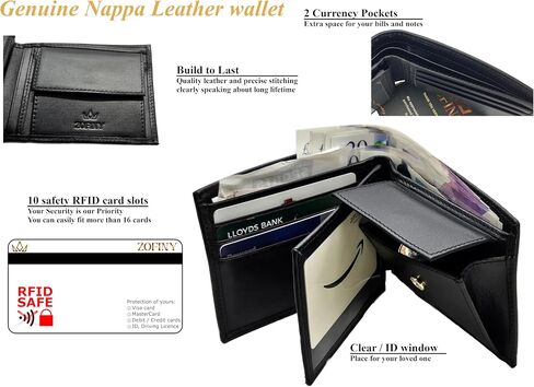 Nappa Leather Bifold Wallet with Coin Pocket for Men - 2 Spacious Cash Compartments, 11 Card Slots with RFID protection, Driving Licence Window, High-end Finish in Saudi Arabia